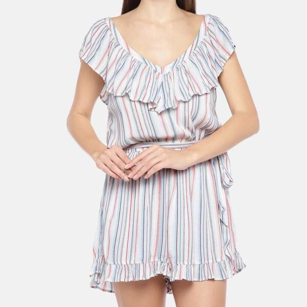 NEW American Eagle Striped Short Romper Jumpsuit Ruffles V-Neck Size Small NWOT